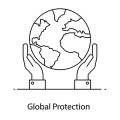 
Globe in hands, global protection flat outline icon
