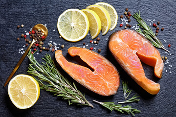 Smoked arctic char steaks with lemon, top view