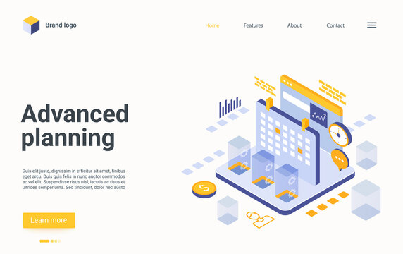 Advanced Planning Isometric Landing Page Vector Template. Time Management Website Design Layout. Automated Scheduling Web Page 3d Concept. Workflow Organization And Optimization Webpage Interface