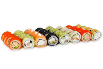 multicolored sushi on a white background