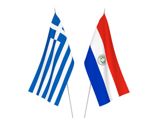 National fabric flags of Greece and Paraguay isolated on white background. 3d rendering illustration.