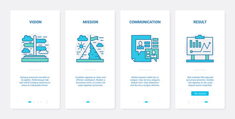 Business vision of result, mission and leadership strategy vector illustration. UX, UI onboarding mobile app page screen set with line leader achievements, choosing right way of financial innovation