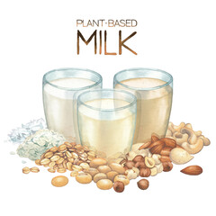 Three watercolor glasses of a plant based milk decorated with a handfuls of various ingredients.