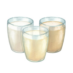 Three watercolor glasses of various species of a plant based milk
