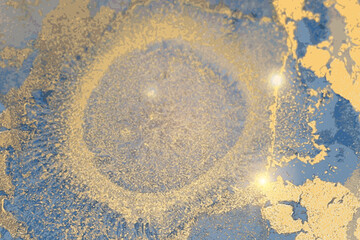Blue and gold stone geode pattern. Alcohol ink technique abstract vector background. Modern paint with glitter. Marble texture. Template for banner, poster design. Fluid art painting