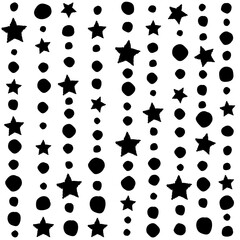 Fototapeta premium Seamless background with black dots and stars on white background.