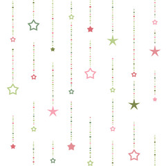Seamless ornament with red and green dots and stars on white background. beads string with balls and stars.
