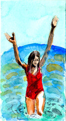 Watercolor young girl in red bathing suit, standing in sea, putting hands in the air. Hand drawn image in impressionism. Raster stock colorful illustration.