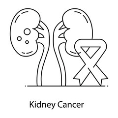 

Kidneys cancer flat outline vector, awareness ribbon over kidneys

