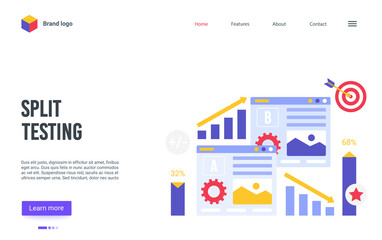 Cartoon landing page website design for online service of conversion rate business optimization, AB test, researches A-B comparison analytics, choose better result. Split testing vector illustration