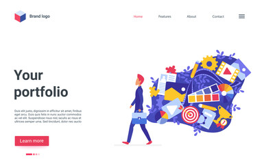 Creative idea, digital portfolio online landing page. Cartoon modern trendy website interface for art studio, designer agency with freelancer artist character and artwork cloud vector illustration