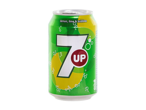 BUCHAREST, ROMANIA - MAY 28, 2015. Can of 7 Up drink, a brand of lemon lime flavored, non-caffeinated soft drink