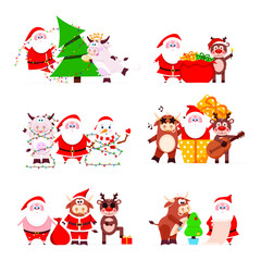 Merry Christmas with the bull 2021. The symbol of the Chinese New Year. Santa Claus and his friends celebrate the New Years. Vector illustration.