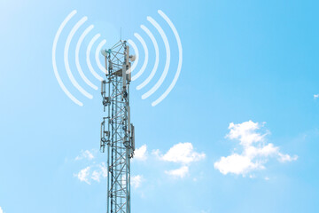 a tower with antennas that broadcasts a signal against a blue sky with clouds