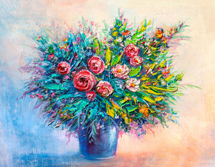 Oil painting flowers. Red roses in a vase.