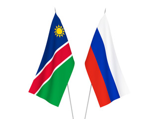 National fabric flags of Russia and Republic of Namibia isolated on white background. 3d rendering illustration.