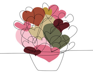 Hearts flowers in a pot for Valentine's Day and etc. Continuous line minimalistic trend style. One Line , Multicolor. Romantic collection. Vector illustration.