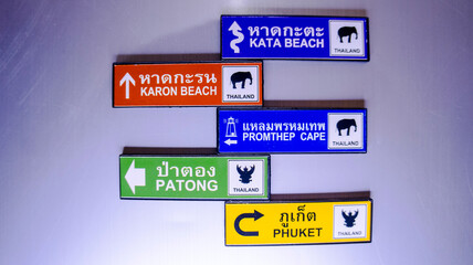 Thailand signposts, thailand tour, icons on purple background