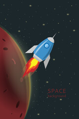 Vector rocket design on the background of the cosmic galaxy. Place for text