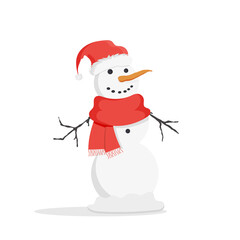 Snowman with a red cap and a scarf with a carrot nose. Vector snowman.