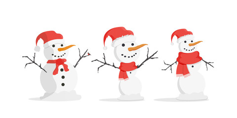 Vector set of three Christmas snowmen isolated on a white background.
