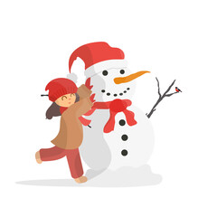 The girl makes a snowman. Snowman, girl in warm winter clothes. Isolated. Cartoon, vector illustration.