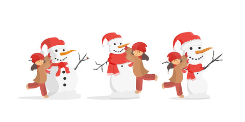 The girl makes a snowman. Snowman, girl in warm winter clothes. Isolated on white background. Cartoon, vector illustration. Set.