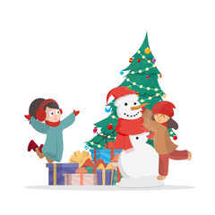 Children sculpting a snowman on the background of a Christmas tree and gifts. Snowman, girl in warm winter clothes. Isolated on white background. Cartoon, vector