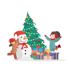 Children sculpting a snowman on the background of a Christmas tree and gifts. Snowman, girl in warm winter clothes. Isolated. Cartoon, vector illustration.