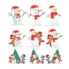Set with snowmen. Children make a snowman. For the design of cards, banners and books. Cartoon, vector illustration.