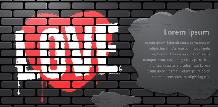 love and heart. White inscription Love and red heart on a brick wall with a place under the text. Copy space. Love confession concept. Vector, illustration