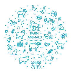 Farm animals, thin line style, flat design. vector icon set