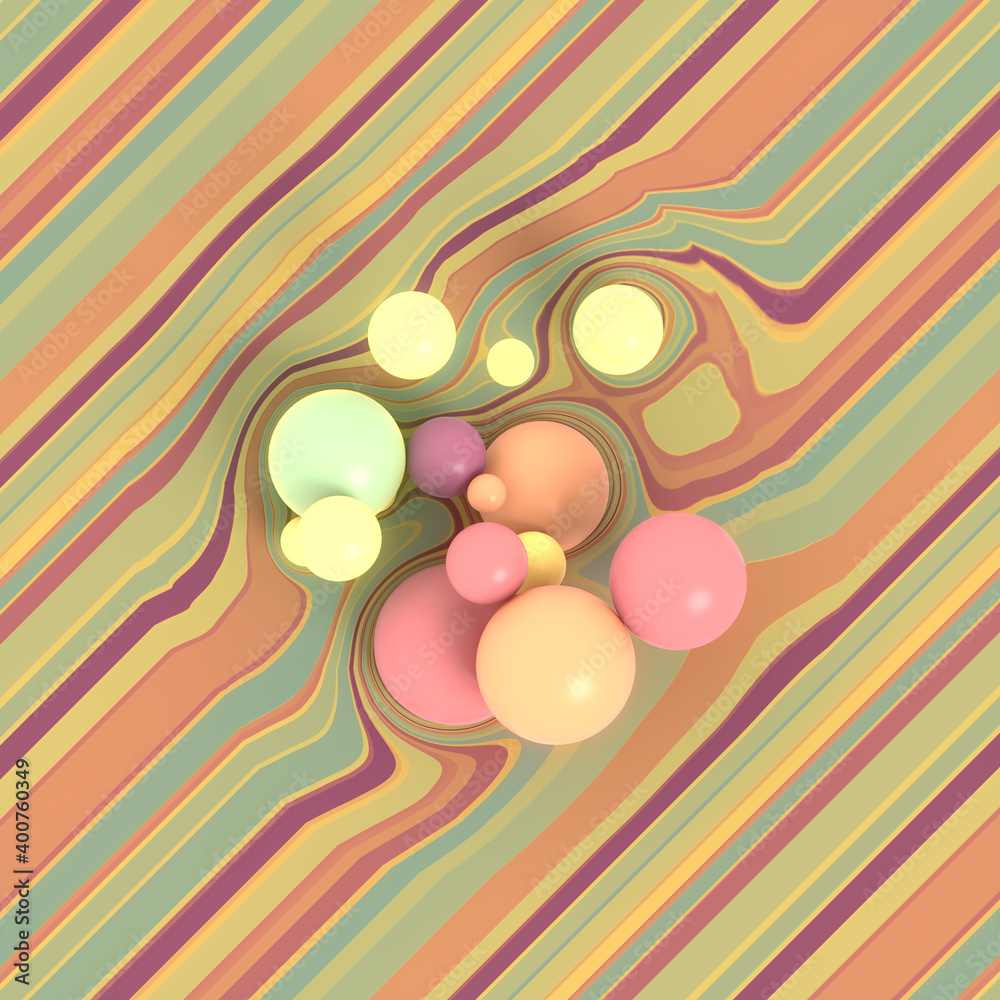 Poster Group of multi colored balls on a striped surface. Modern geometric design element. 3d rendering illustration