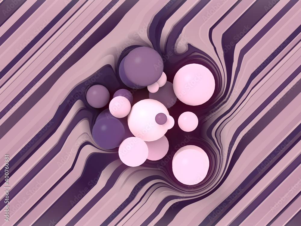 Poster Group of balls on a striped distorted surface. Abstract cover design. 3d rendering illustration. Modern design element