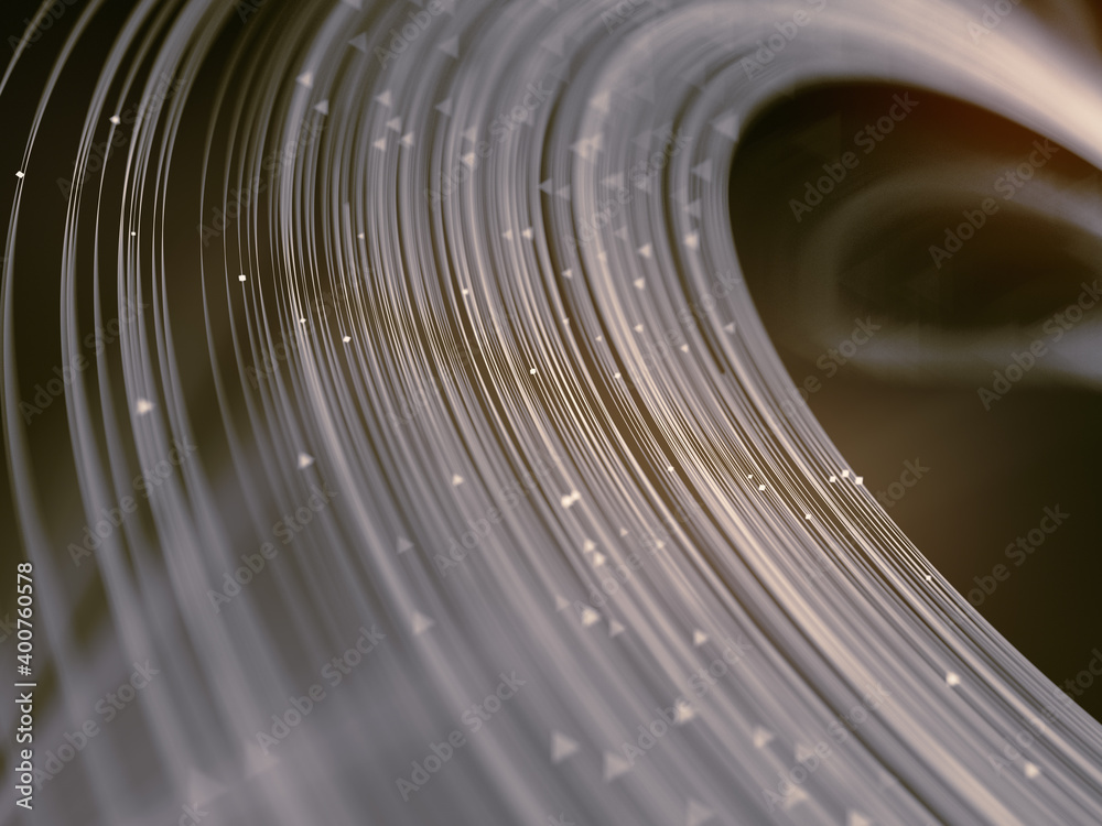 Poster Line art pattern with wave band lines and small beads. Depth of field. 3d render
