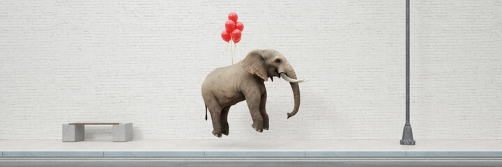Rote Luftballons heben einen schweren Elefanten