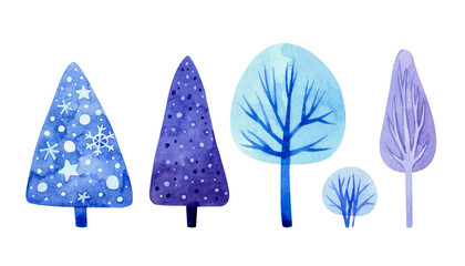 Set with winter watercolor trees and Christmas trees. For stickers, greeting cards and other designs.