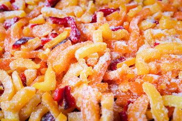 Vegetable background. Frozen vegetables, peppers of different colors, cut into pieces. Healthy food, a side dish idea.