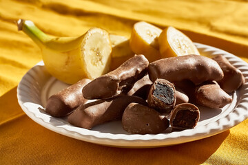 Chocolated coated bananas. Healthy snack, healthy candy. Natural light. Shadow photography.