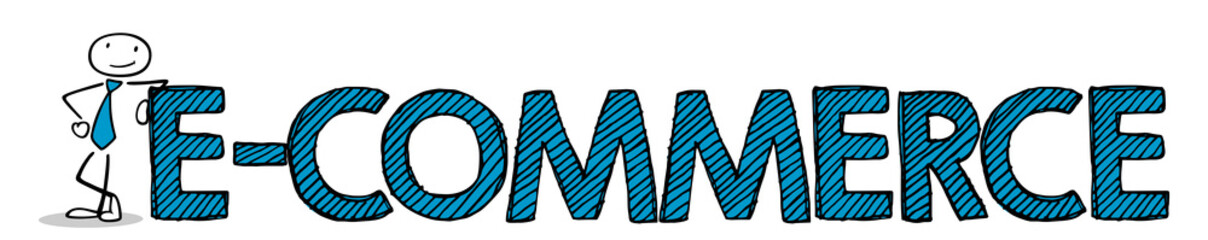 Zufriedener Cartoon Mann lehnt sich an Schriftzug E-Commerce an