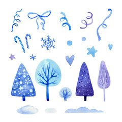 Watercolor winter set with fir sprigs, leaves and festive candy. For stickers, greeting cards and other designs.