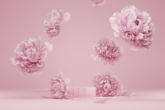 3D display podium pastel pink flower  background. Peony blossom falling down. Nature minimal pedestal for beauty, cosmetic product presentation. Valentine, feminine copy space template 3d render