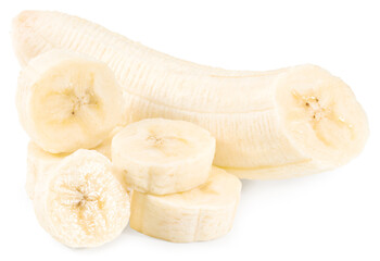 sliced banana isolated on white background. Clipping path and full depth of field