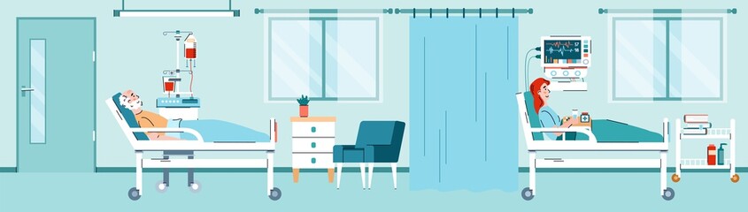 Interior of ward with patients woman and old man lying in hospital medical beds. Hospitalization, treatment and care for illness in clinical room during pandemic. Vector illustration