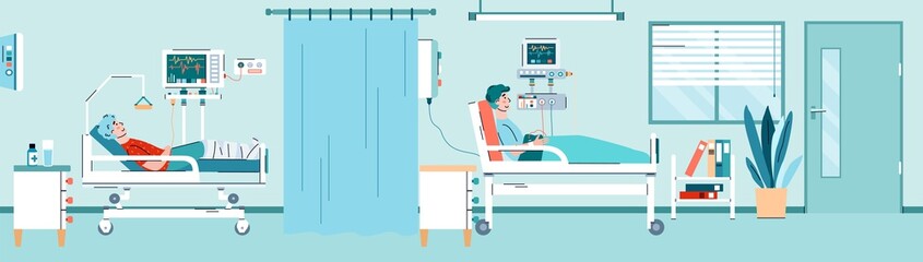 Hospitalization of sick people. Interior of clinical icu ward with medical equipment for intensive therapy. Treatment and care for ill patients in hospital bed. Vector illustration