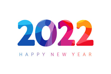 2022 A Happy New Year congrats concept. Stained glass logotype. Beautiful snowy backdrop. Abstract isolated graphic design template. Decorative numbers. Coloured digits. Creative colorful decoration.