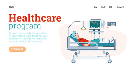Health care program website page template with patient in hospital bed, flat cartoon vector illustration. Treatment and support in a healthcare facility.