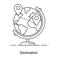 
World globe with location pins, flat outline icon of destination 
