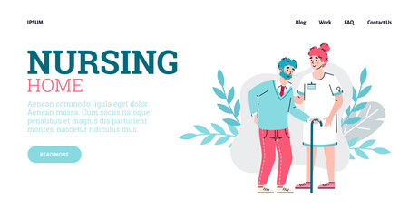 Nursing home website page template with nurse or doctor and senior person cartoon characters, flat vector cartoon illustration. Nursing and caring for the elderly.
