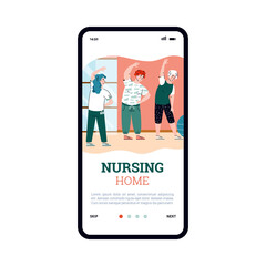 Mobile phone screen with old people doing physical exercises. Gerontology care, medical assistance for elderly retired in nursing home. Healthcare for seniors. Vector illustration.